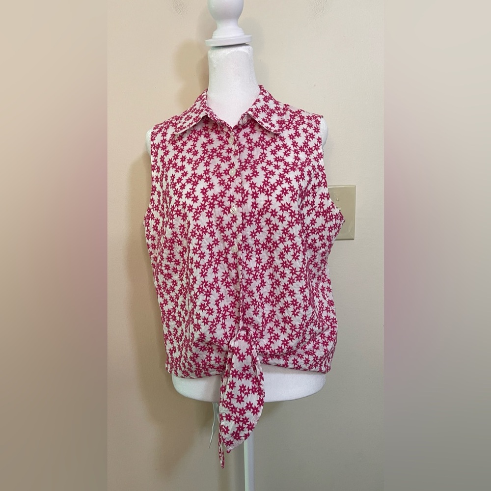 Talbots Women’s Pink Starts Embroidery Sleeveless Button & Tie Front Top Sz 14 - Picture 5 of 17